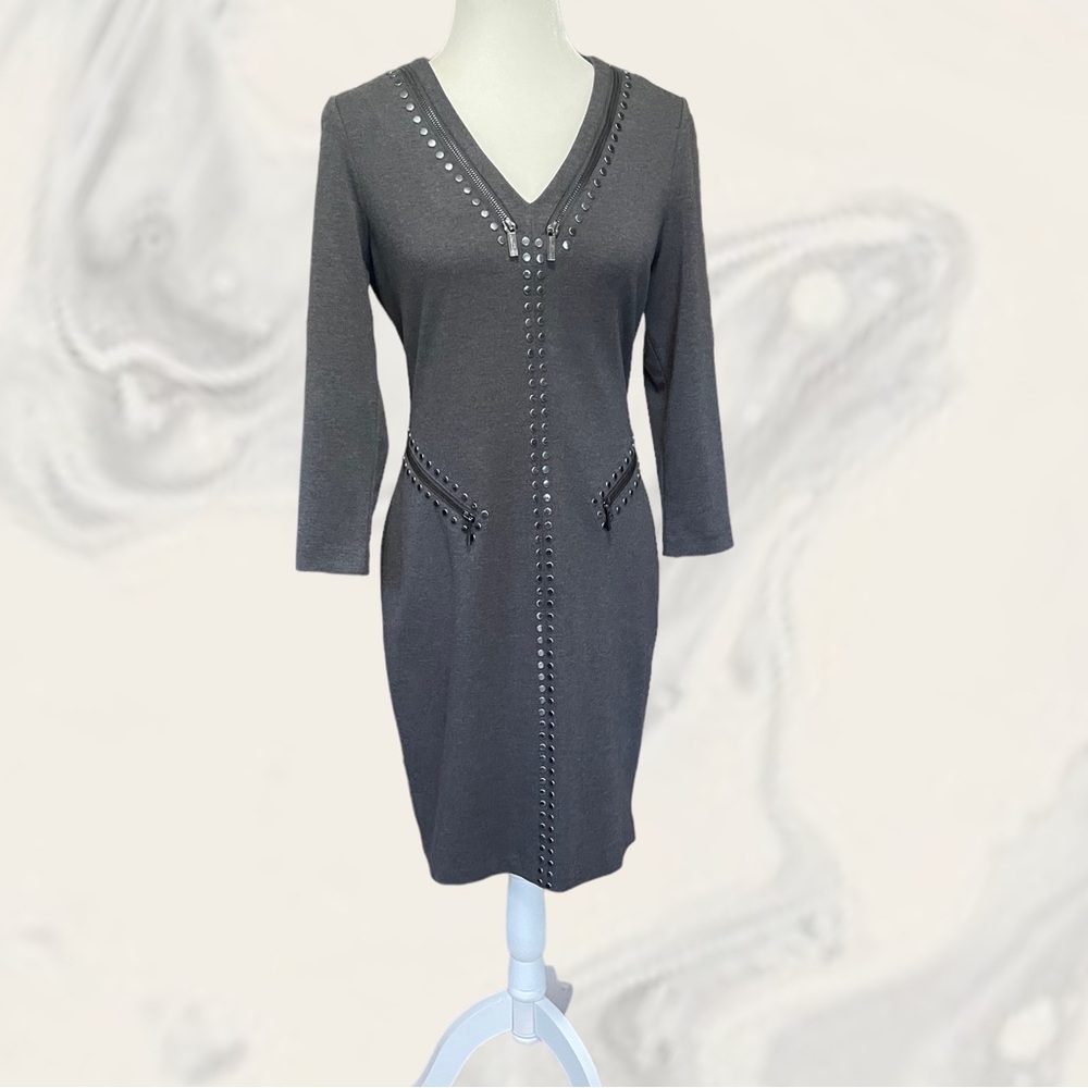 Karl Lagerfeld Paris Dark Gray Studded Sheath Dress, V Neck, Long Sleeves